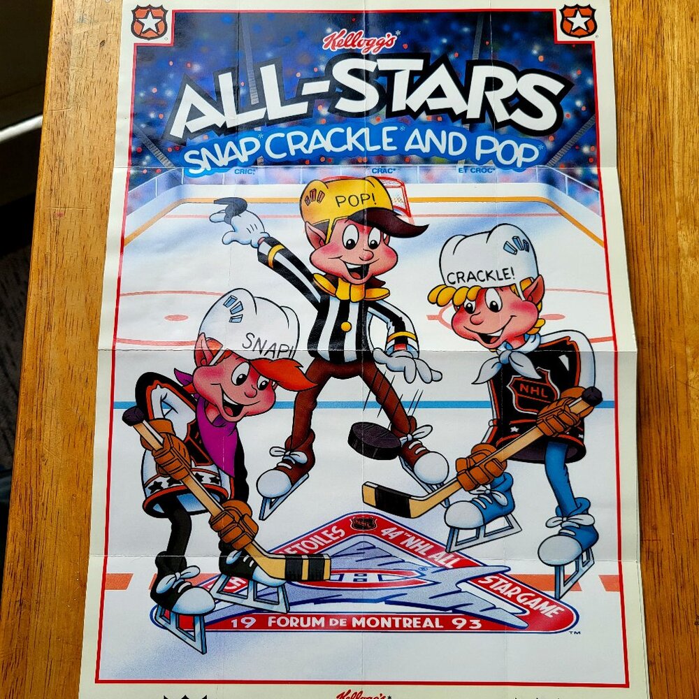 1993 Kellogg's Rice Krispies NHL ALL-STAR GAME POSTER SNAP, CRACKLE+ POP RARE